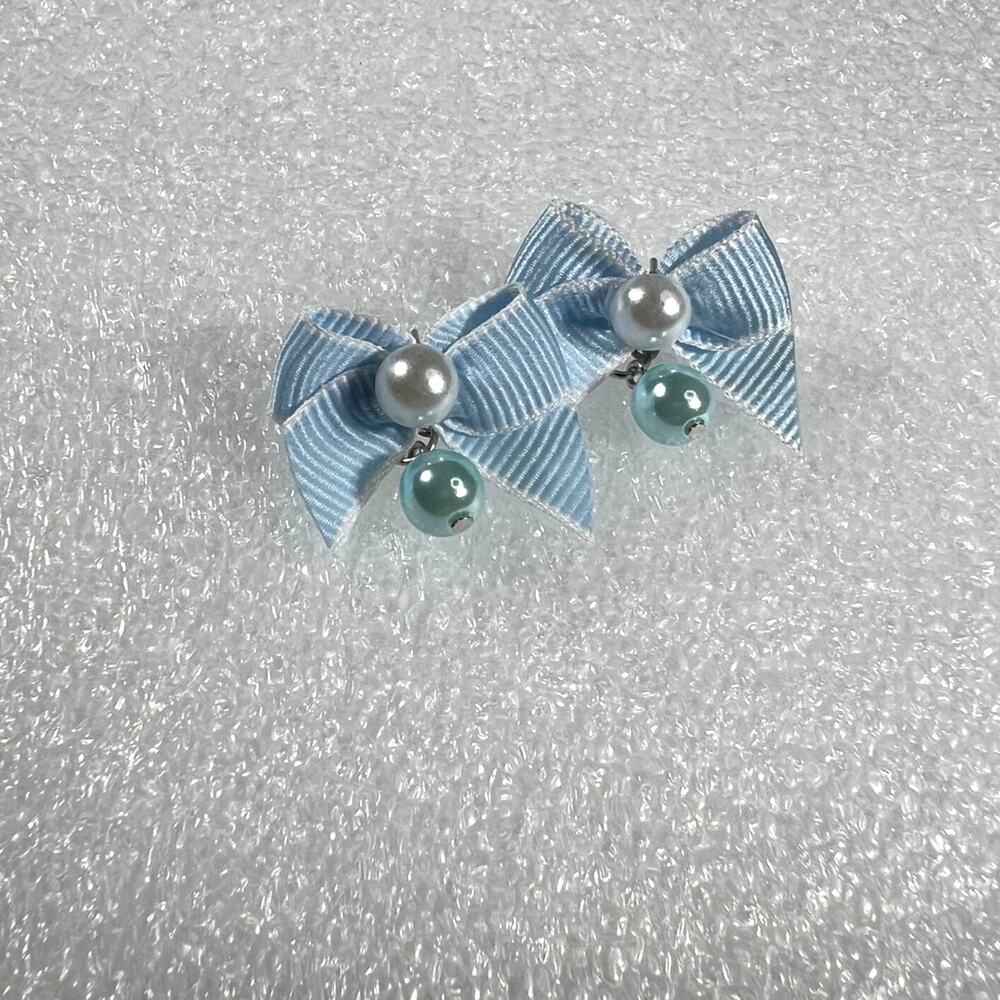 Retro Korean Coquette Faux Simulated Pearl Bow Earrings New on Card Deadstock - Picture 2 of 13